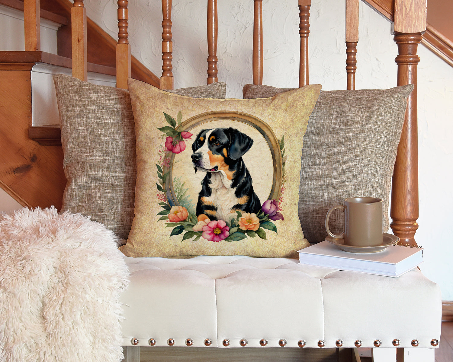 Entlebucher Mountain Dog and Flowers Decorative Throw Pillow 14x14 Indoor Outdoor Accent Cushion, Fabric Cover with Insert for Sofa, Bed, Porch & Living Room