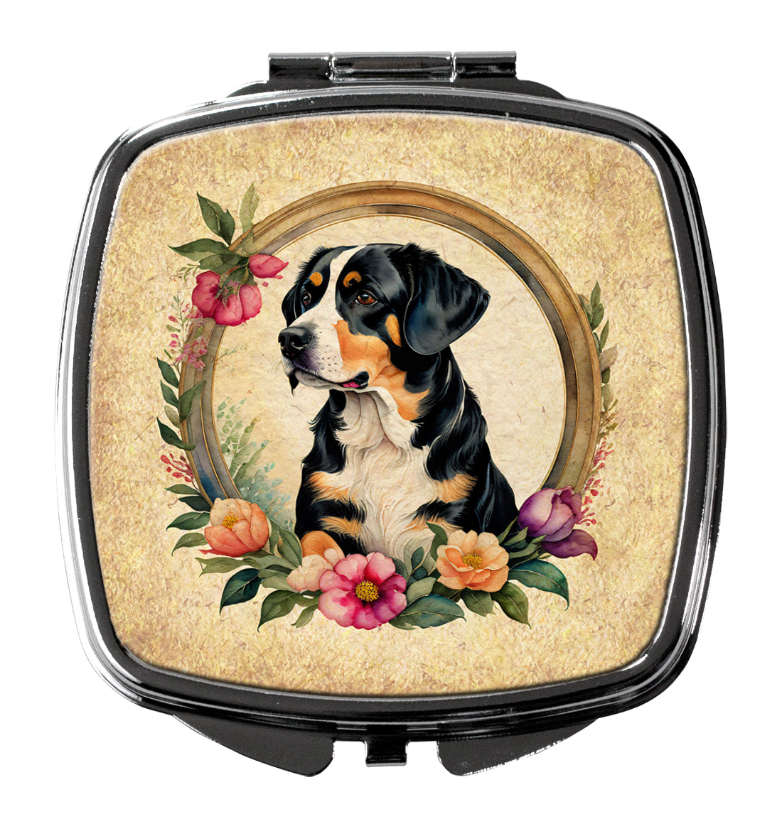 Entlebucher Mountain Dog and Flowers Compact Mirror Decorative Travel Makeup Mirror for Women Girls Gifts Pocket Makeup Mirror Folding Handheld