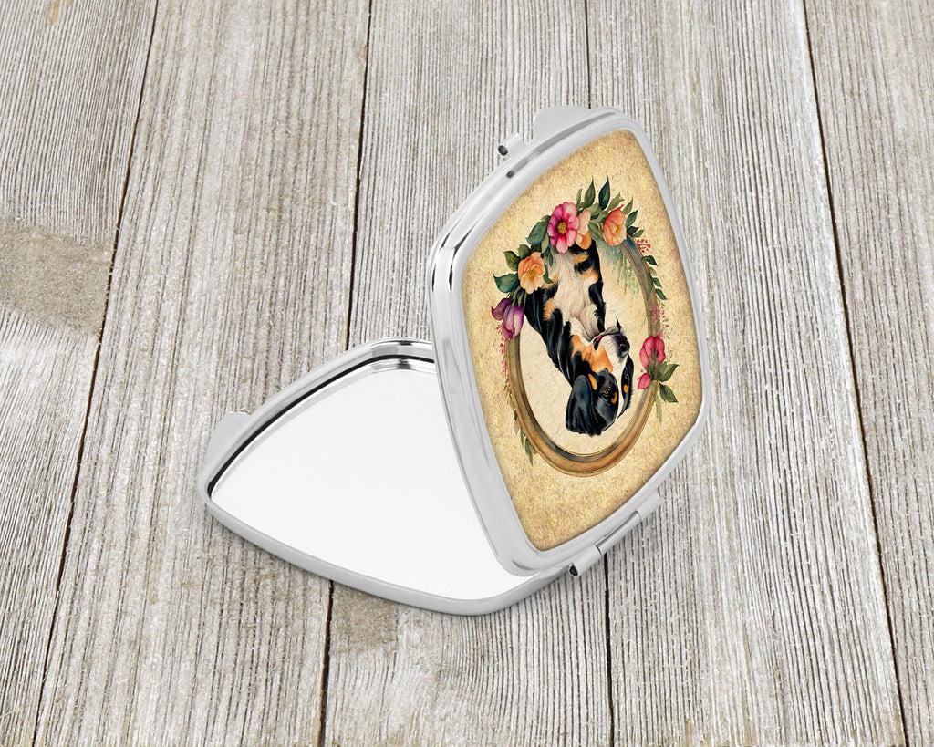 Entlebucher Mountain Dog and Flowers Compact Mirror Decorative Travel Makeup Mirror for Women Girls Gifts Pocket Makeup Mirror Folding Handheld