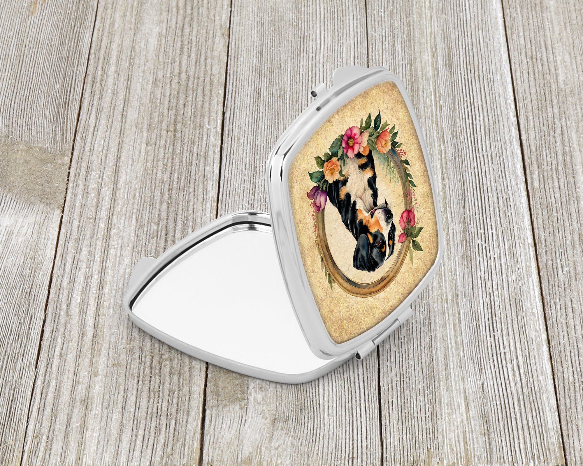 Entlebucher Mountain Dog and Flowers Compact Mirror Decorative Travel Makeup Mirror for Women Girls Gifts Pocket Makeup Mirror Folding Handheld