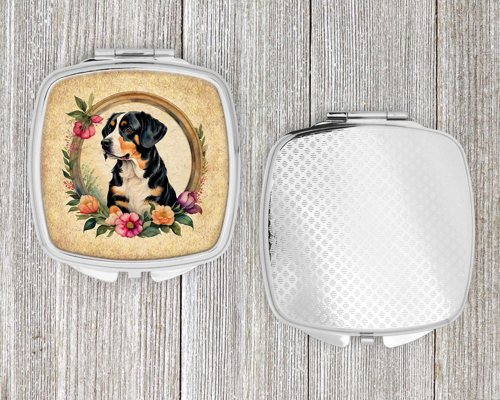 Entlebucher Mountain Dog and Flowers Compact Mirror Decorative Travel Makeup Mirror for Women Girls Gifts Pocket Makeup Mirror Folding Handheld