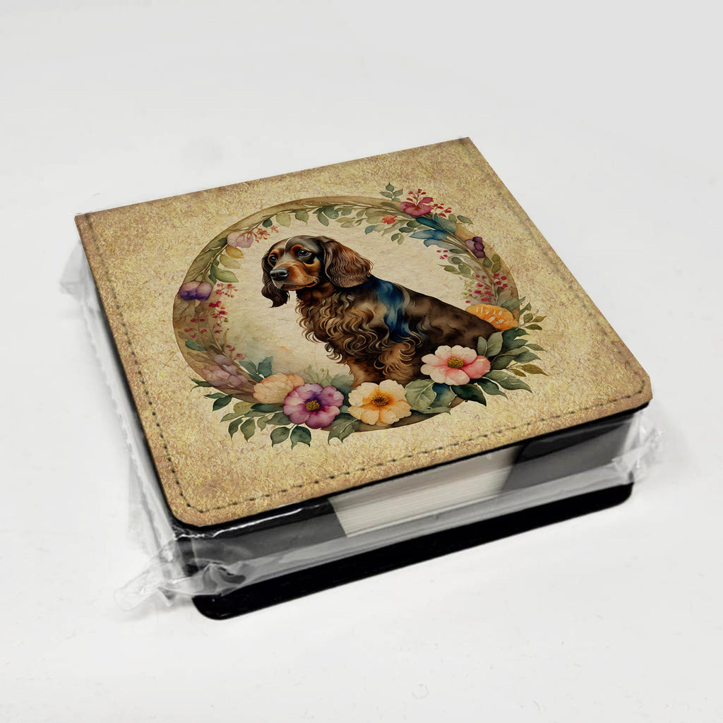 Field Spaniel and Flowers PU Leather Note Paper Holder with Artist-Designed Cover, Desk Accessory, Office Gift
