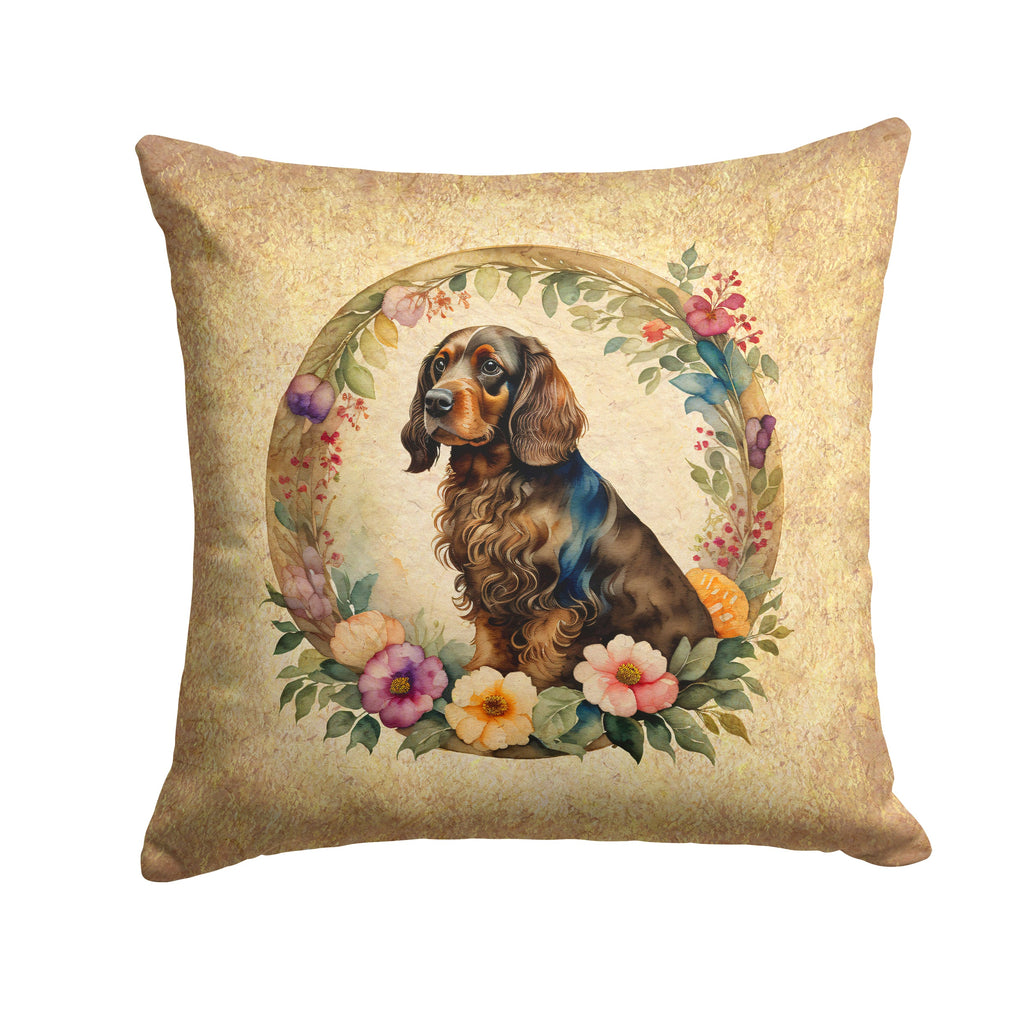 Field Spaniel and Flowers Decorative Throw Pillow 14x14 Indoor Outdoor Accent Cushion, Fabric Cover with Insert for Sofa, Bed, Porch & Living Room