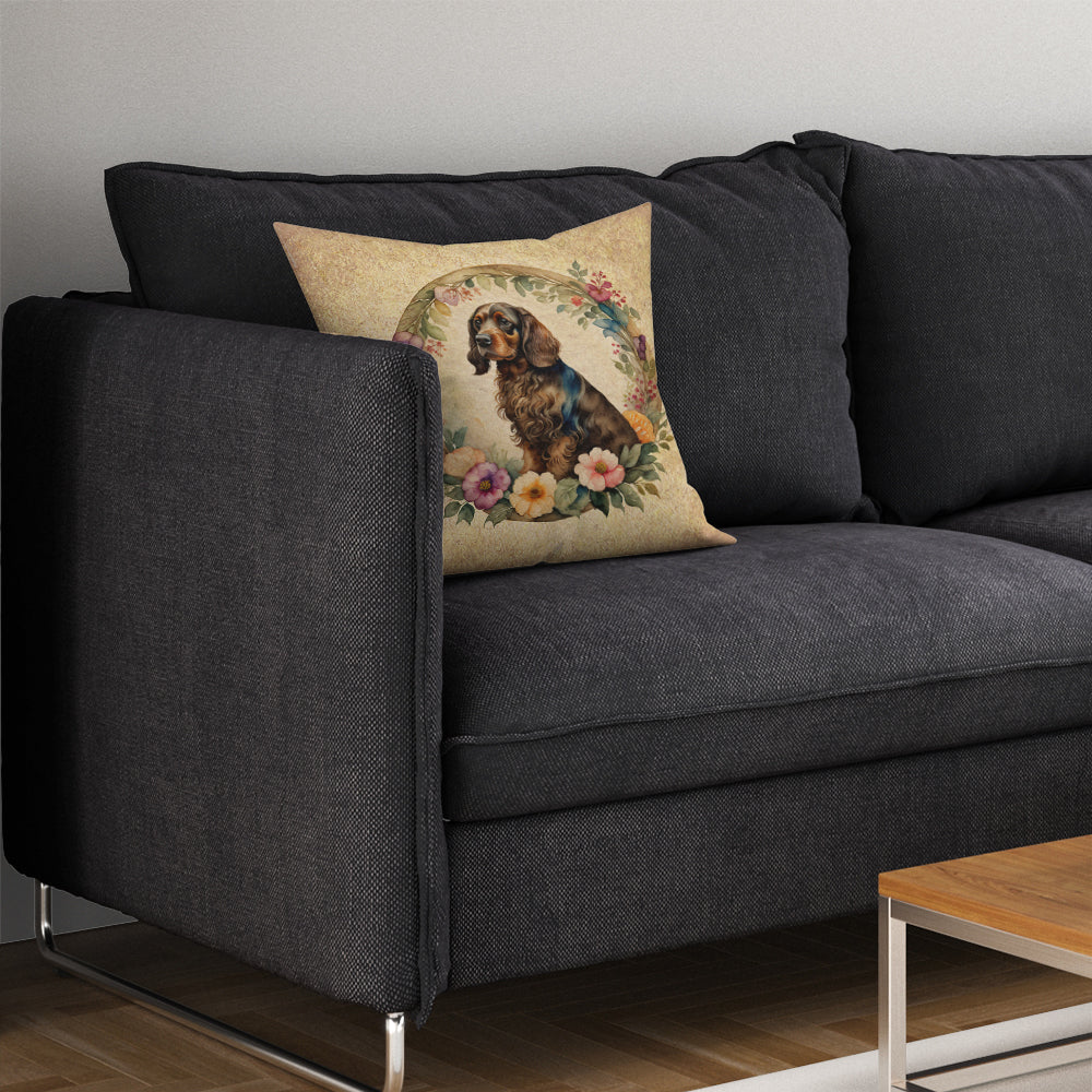 Field Spaniel and Flowers Decorative Throw Pillow 14x14 Indoor Outdoor Accent Cushion, Fabric Cover with Insert for Sofa, Bed, Porch & Living Room