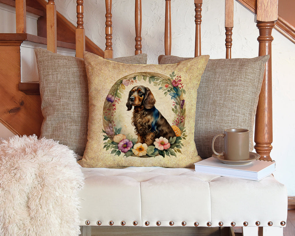 Field Spaniel and Flowers Decorative Throw Pillow 14x14 Indoor Outdoor Accent Cushion, Fabric Cover with Insert for Sofa, Bed, Porch & Living Room