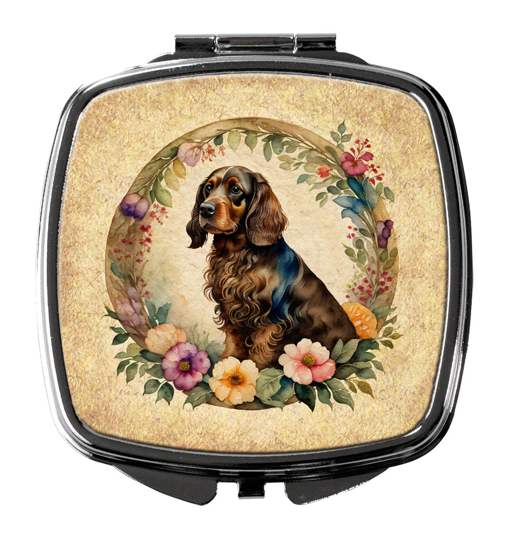 Field Spaniel and Flowers Compact Mirror Decorative Travel Makeup Mirror for Women Girls Gifts Pocket Makeup Mirror Folding Handheld