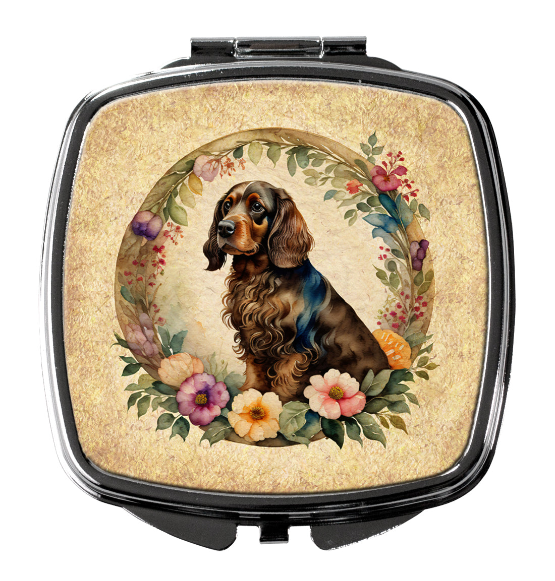 Field Spaniel and Flowers Compact Mirror Decorative Travel Makeup Mirror for Women Girls Gifts Pocket Makeup Mirror Folding Handheld