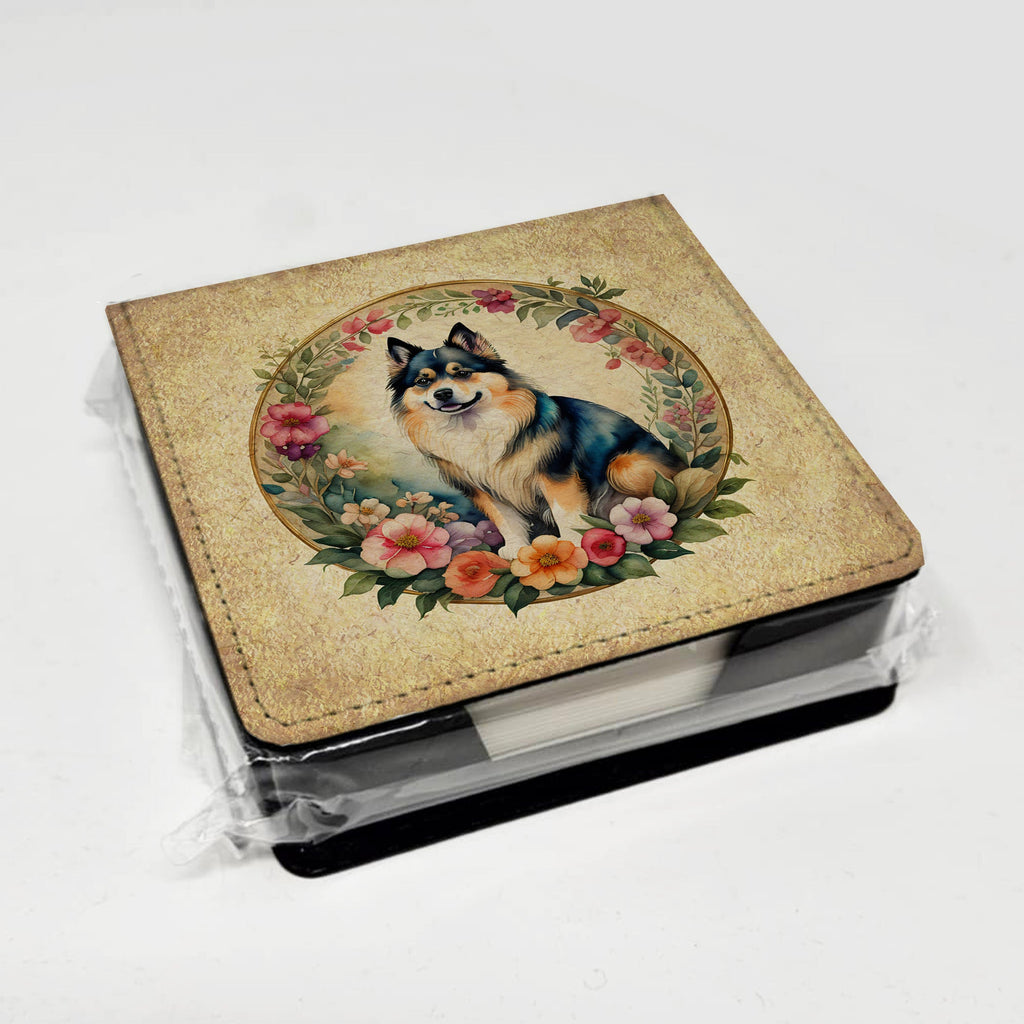 Finnish Lapphund and Flowers PU Leather Note Paper Holder with Artist-Designed Cover, Desk Accessory, Office Gift