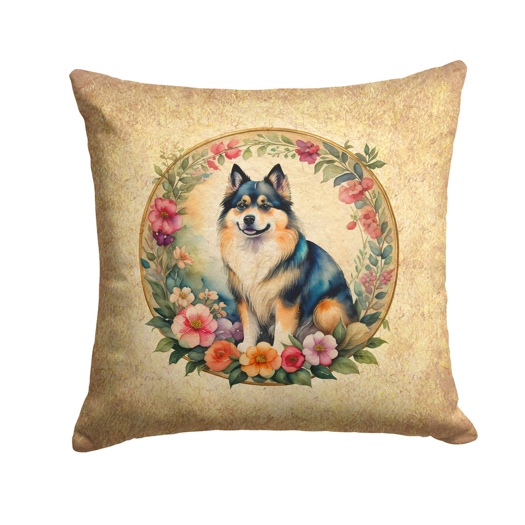 Finnish Lapphund and Flowers Decorative Throw Pillow 14x14 Indoor Outdoor Accent Cushion, Fabric Cover with Insert for Sofa, Bed, Porch & Living Room