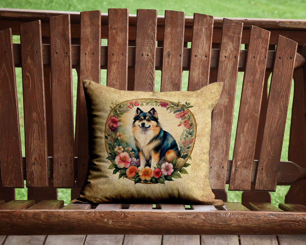 Finnish Lapphund and Flowers Decorative Throw Pillow 14x14 Indoor Outdoor Accent Cushion, Fabric Cover with Insert for Sofa, Bed, Porch & Living Room