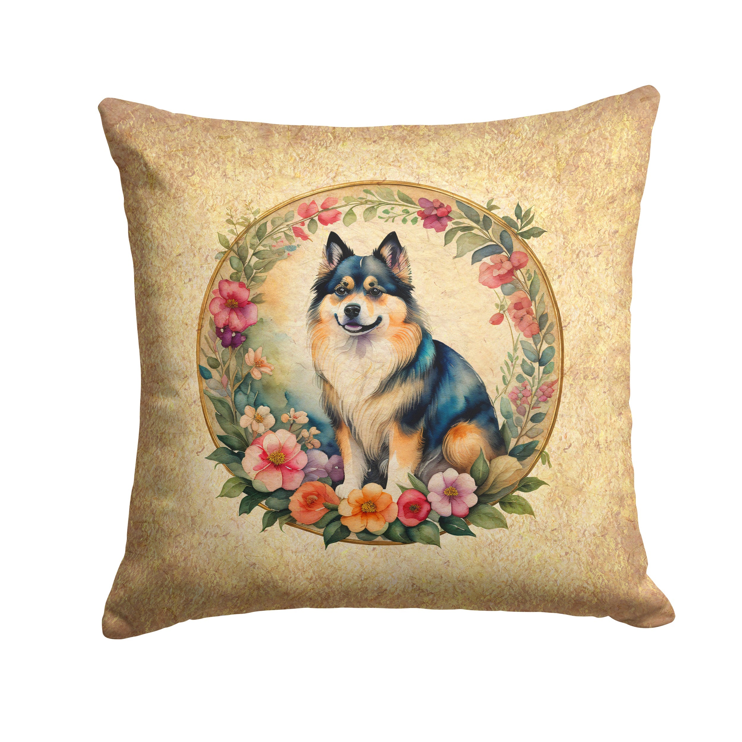 Finnish Lapphund and Flowers Decorative Throw Pillow 18x18 Indoor Outdoor Accent Cushion, Fabric Cover with Insert for Sofa, Bed, Porch & Living Room