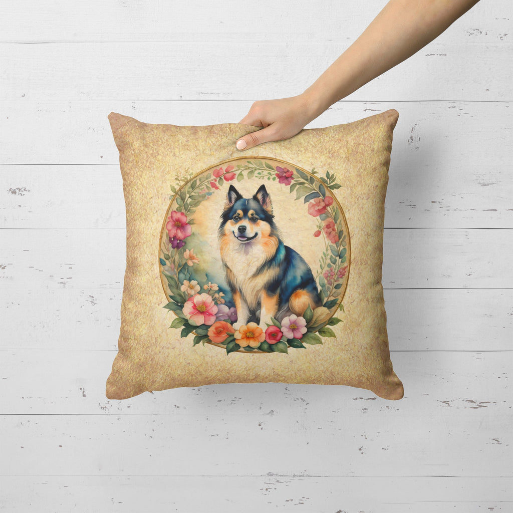 Finnish Lapphund and Flowers Decorative Throw Pillow 18x18 Indoor Outdoor Accent Cushion, Fabric Cover with Insert for Sofa, Bed, Porch & Living Room