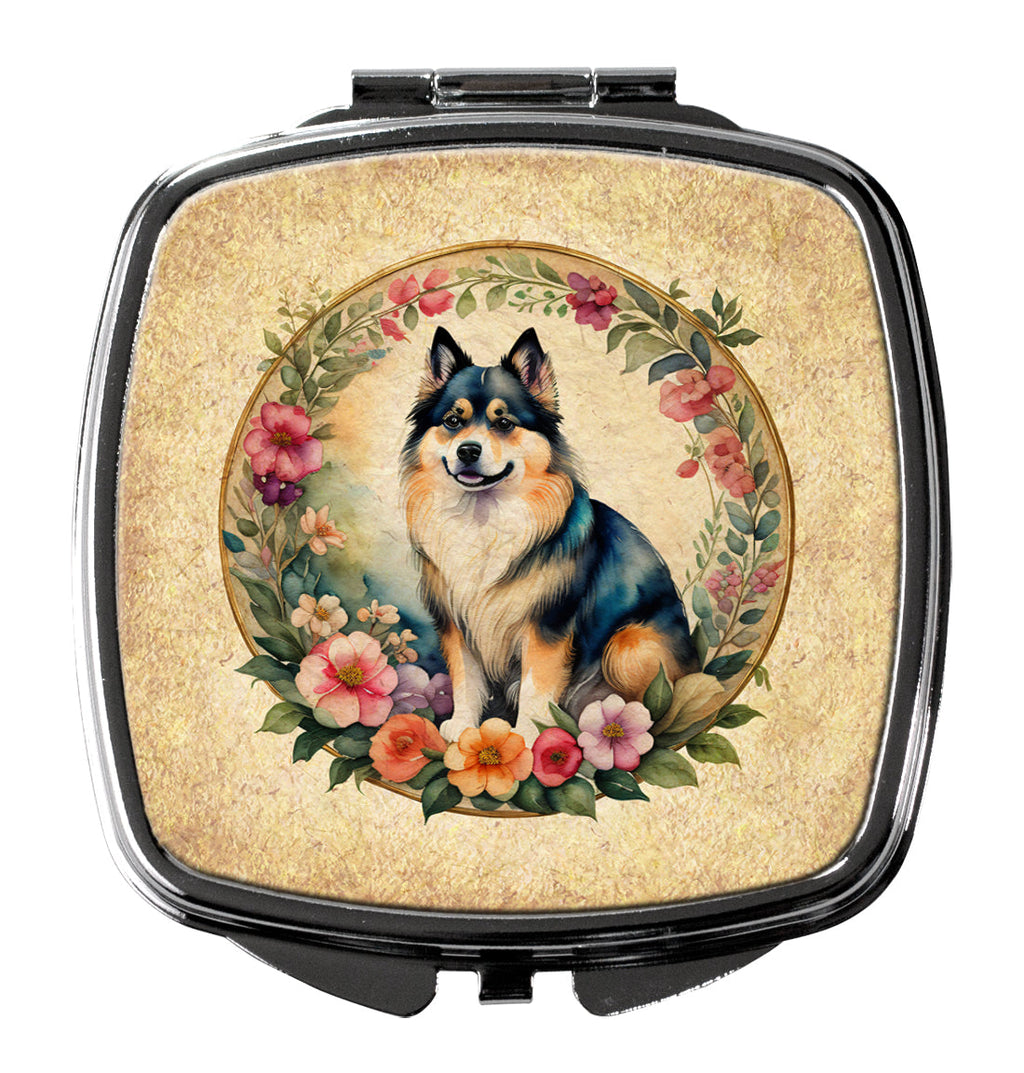 Finnish Lapphund and Flowers Compact Mirror Decorative Travel Makeup Mirror for Women Girls Gifts Pocket Makeup Mirror Folding Handheld