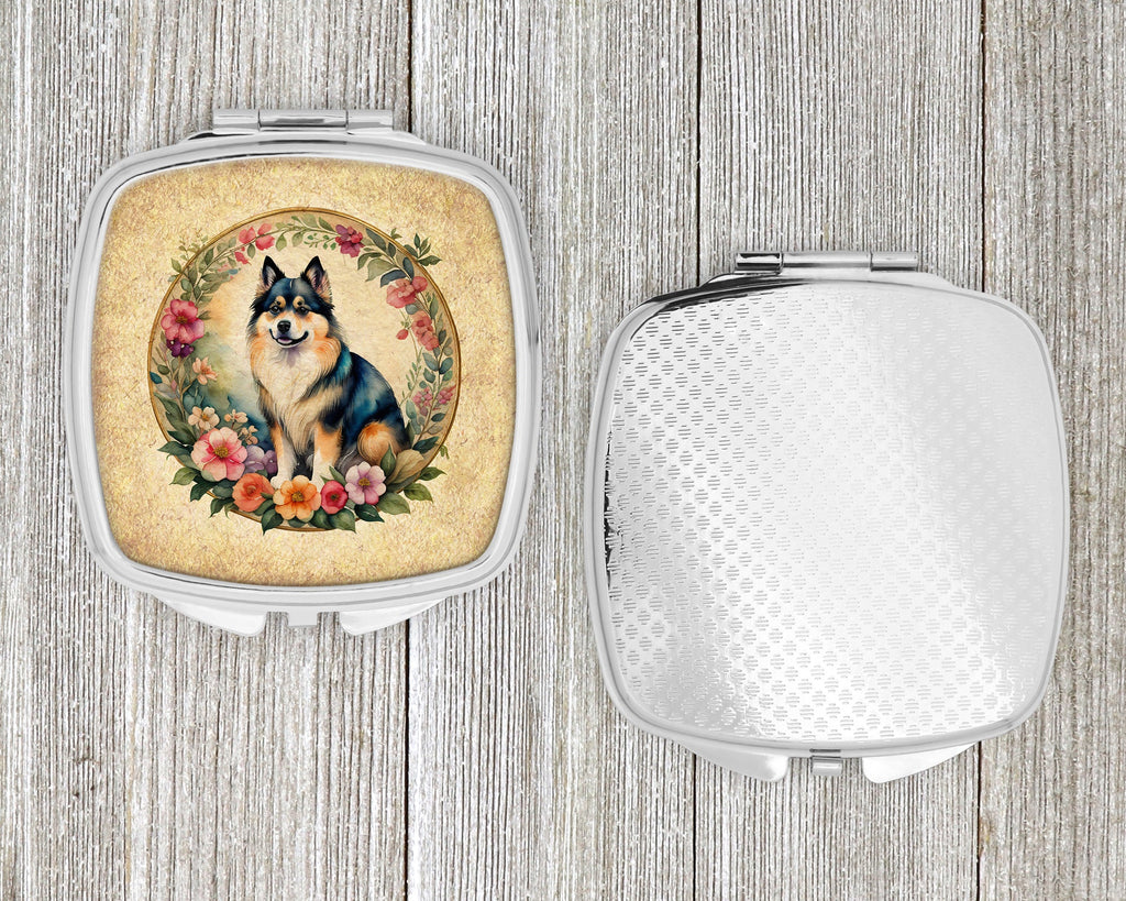 Finnish Lapphund and Flowers Compact Mirror Decorative Travel Makeup Mirror for Women Girls Gifts Pocket Makeup Mirror Folding Handheld