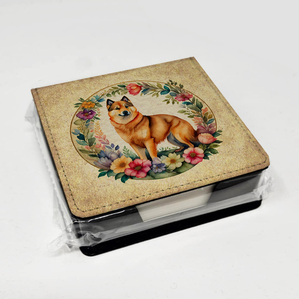 Finnish Spitz and Flowers PU Leather Note Paper Holder with Artist-Designed Cover, Desk Accessory, Office Gift