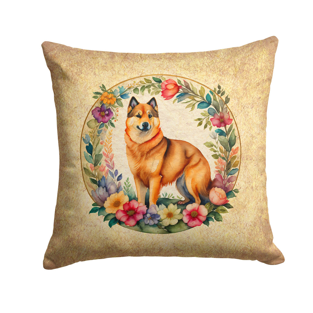 Finnish Spitz and Flowers Decorative Throw Pillow 14x14 Indoor Outdoor Accent Cushion, Fabric Cover with Insert for Sofa, Bed, Porch & Living Room