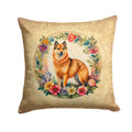 Finnish Spitz and Flowers Decorative Throw Pillow 14x14 Indoor Outdoor Accent Cushion, Fabric Cover with Insert for Sofa, Bed, Porch & Living Room