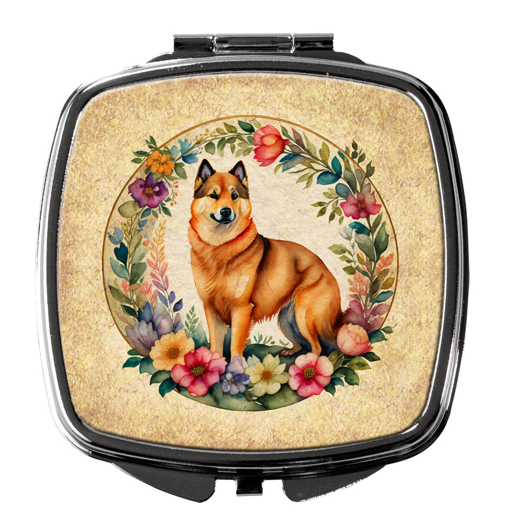 Finnish Spitz and Flowers Compact Mirror Decorative Travel Makeup Mirror for Women Girls Gifts Pocket Makeup Mirror Folding Handheld