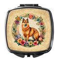 Finnish Spitz and Flowers Compact Mirror Decorative Travel Makeup Mirror for Women Girls Gifts Pocket Makeup Mirror Folding Handheld