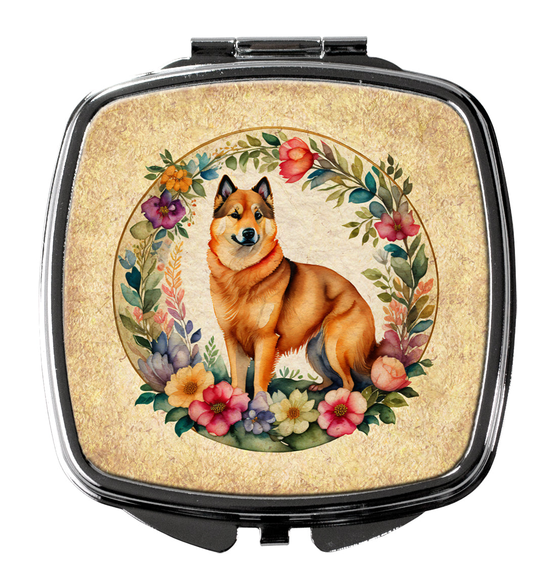 Finnish Spitz and Flowers Compact Mirror Decorative Travel Makeup Mirror for Women Girls Gifts Pocket Makeup Mirror Folding Handheld