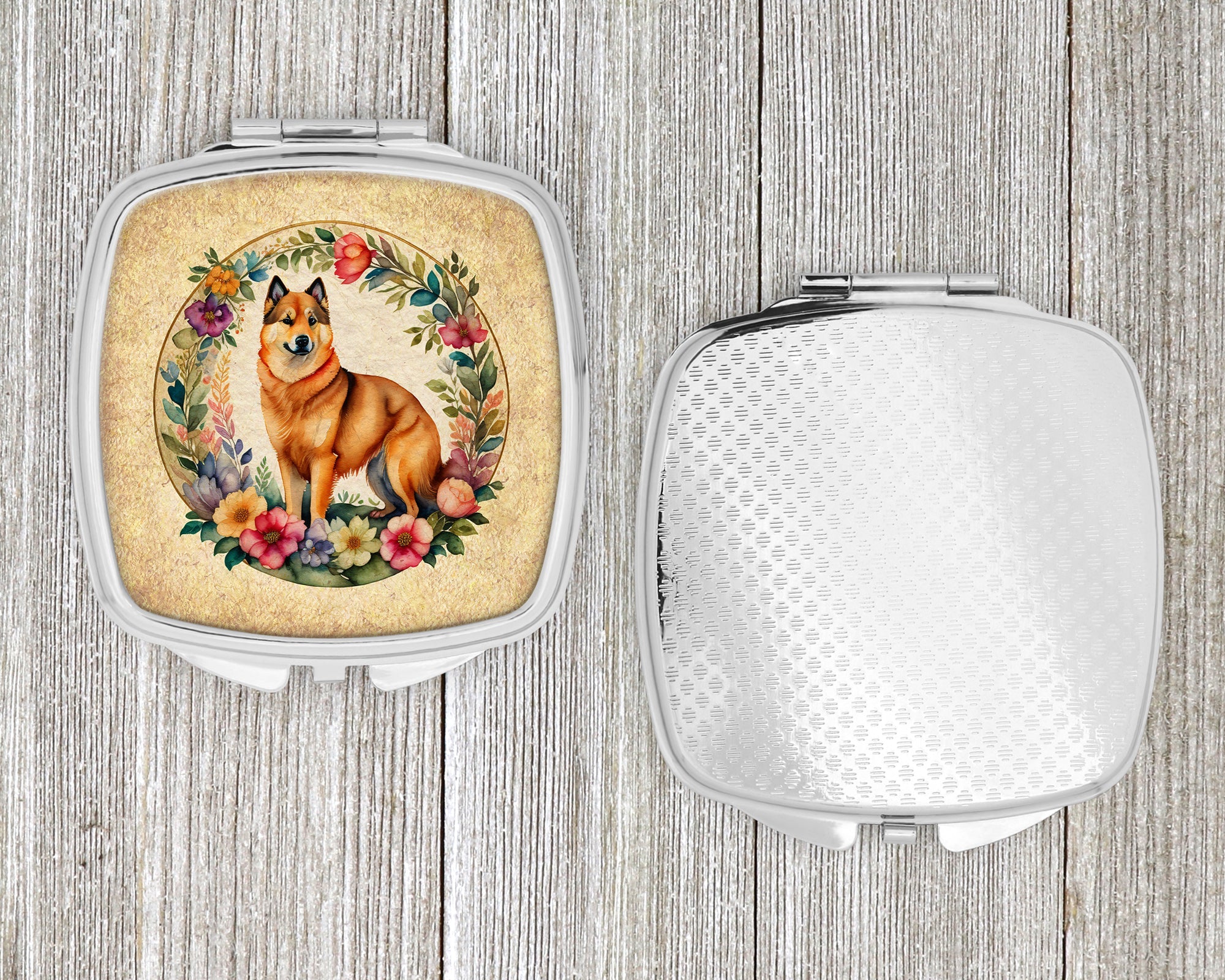 Finnish Spitz and Flowers Compact Mirror Decorative Travel Makeup Mirror for Women Girls Gifts Pocket Makeup Mirror Folding Handheld