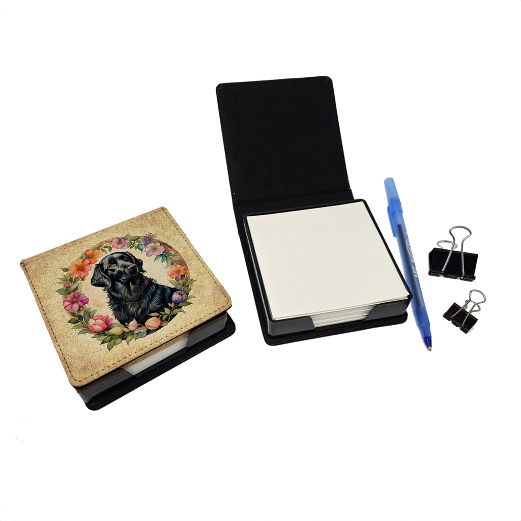 Flat-Coated Retriever and Flowers PU Leather Note Paper Holder with Artist-Designed Cover, Desk Accessory, Office Gift