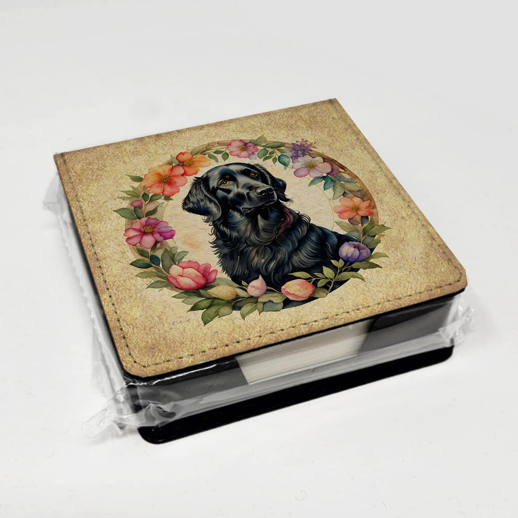 Flat-Coated Retriever and Flowers PU Leather Note Paper Holder with Artist-Designed Cover, Desk Accessory, Office Gift