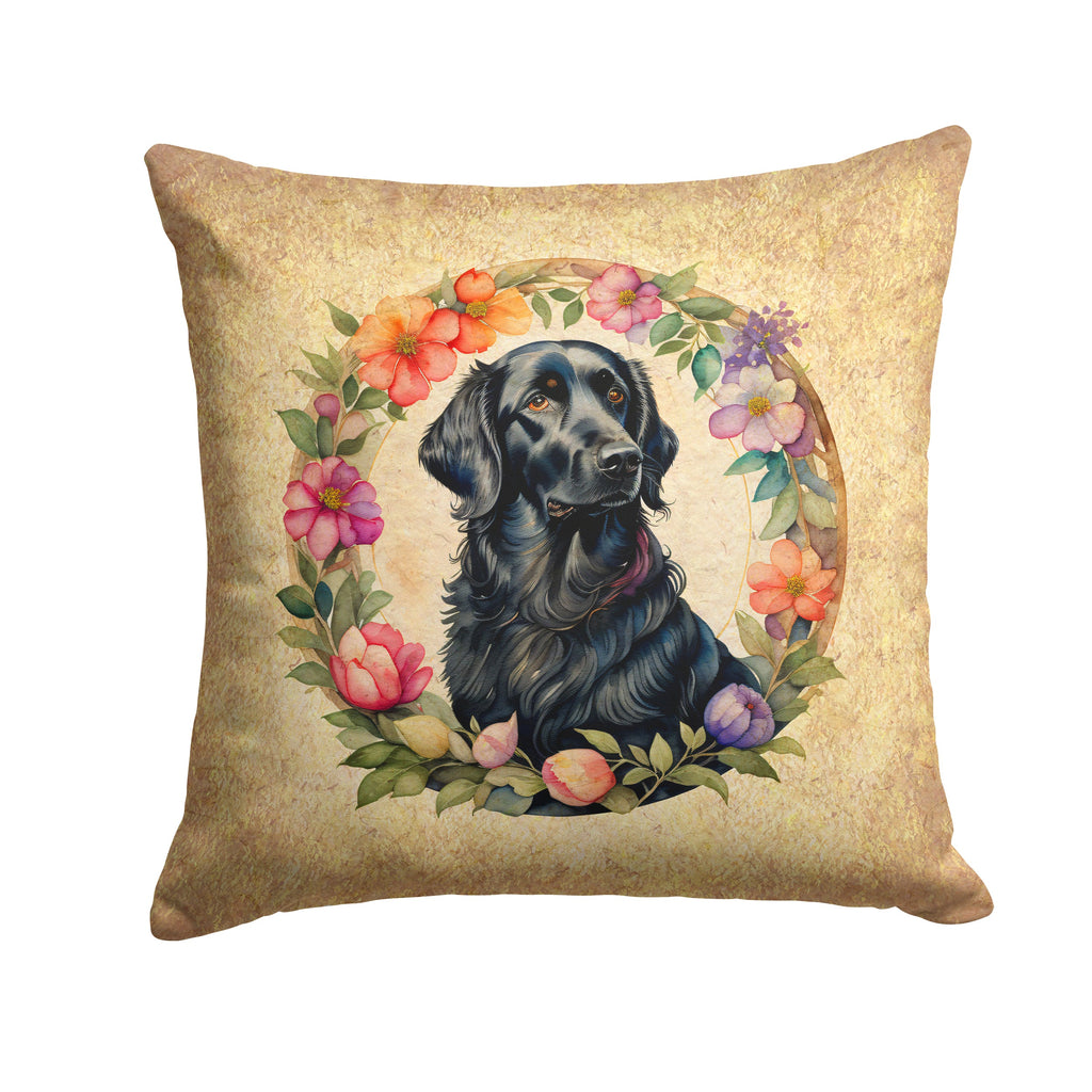 Flat-Coated Retriever and Flowers Decorative Throw Pillow 14x14 Indoor Outdoor Accent Cushion, Fabric Cover with Insert for Sofa, Bed, Porch & Living Room