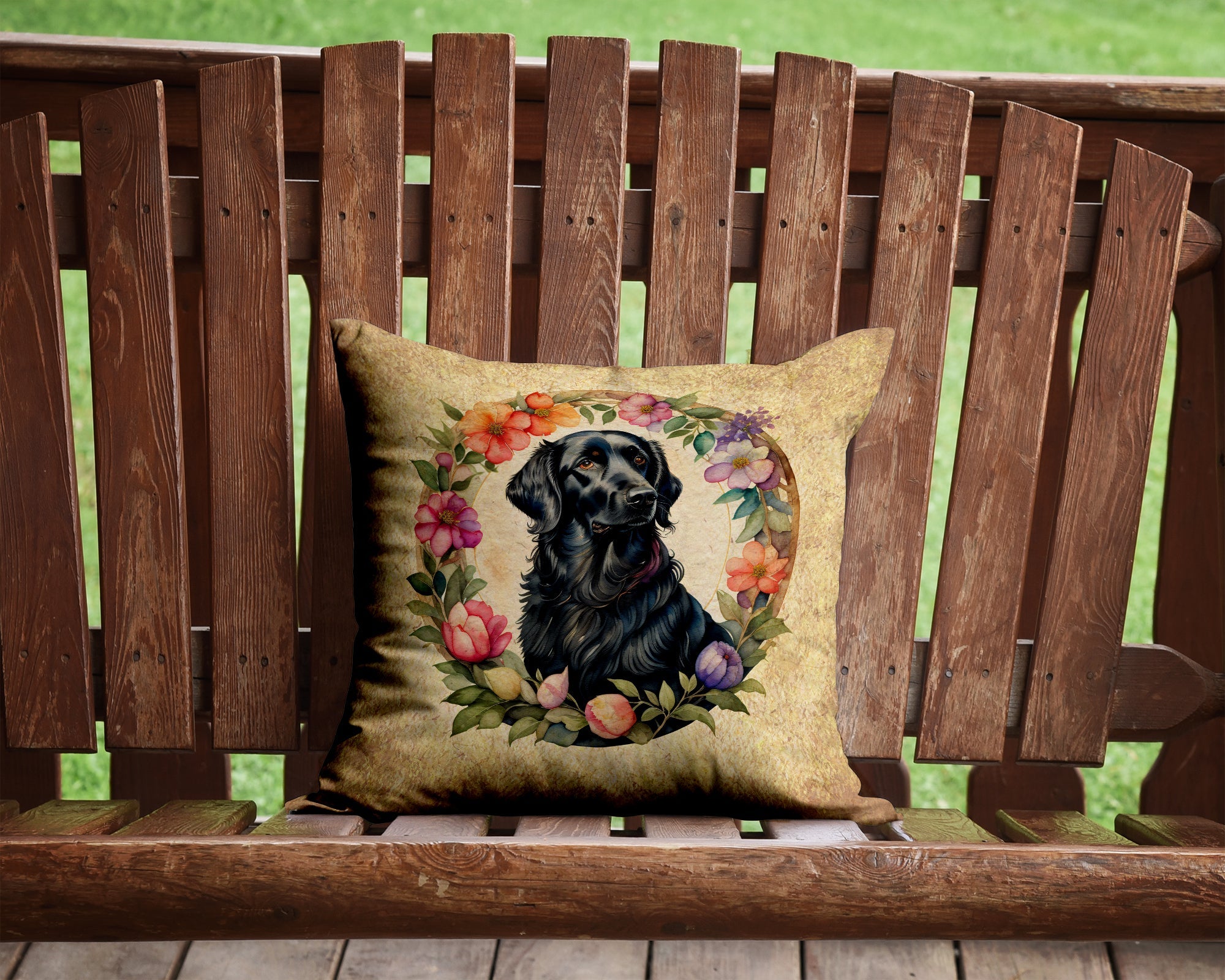 Flat-Coated Retriever and Flowers Decorative Throw Pillow 14x14 Indoor Outdoor Accent Cushion, Fabric Cover with Insert for Sofa, Bed, Porch & Living Room