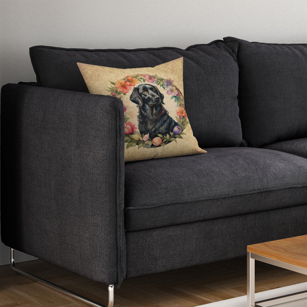Flat-Coated Retriever and Flowers Decorative Throw Pillow 14x14 Indoor Outdoor Accent Cushion, Fabric Cover with Insert for Sofa, Bed, Porch & Living Room