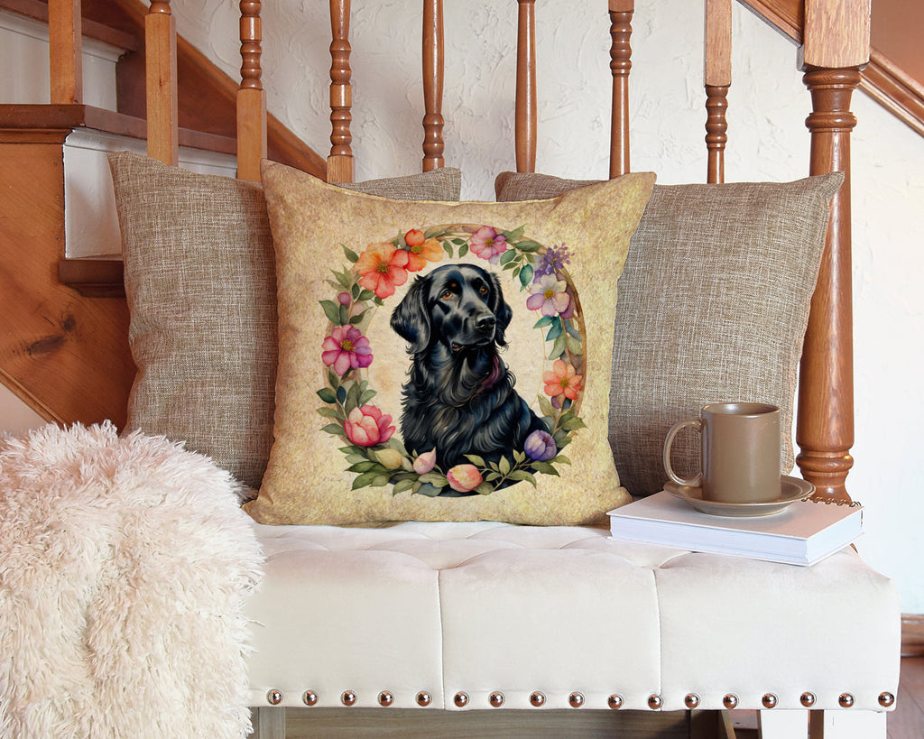 Flat-Coated Retriever and Flowers Decorative Throw Pillow 14x14 Indoor Outdoor Accent Cushion, Fabric Cover with Insert for Sofa, Bed, Porch & Living Room