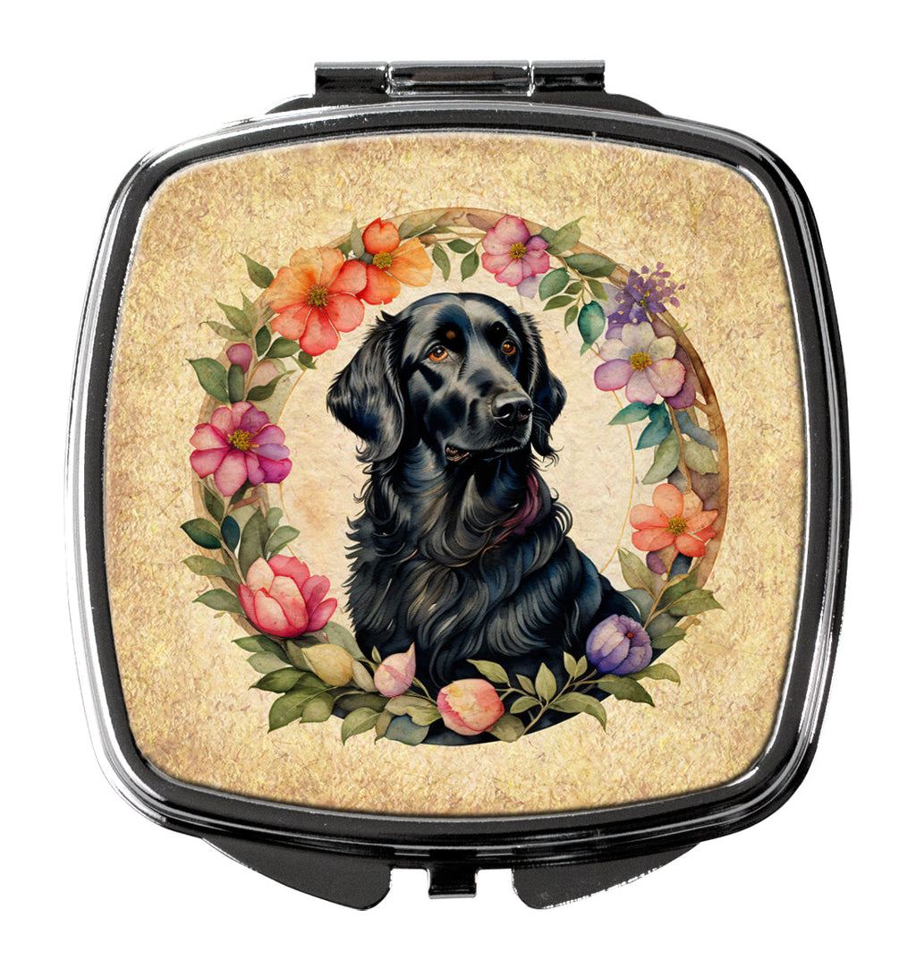 Flat-Coated Retriever and Flowers Compact Mirror Decorative Travel Makeup Mirror for Women Girls Gifts Pocket Makeup Mirror Folding Handheld