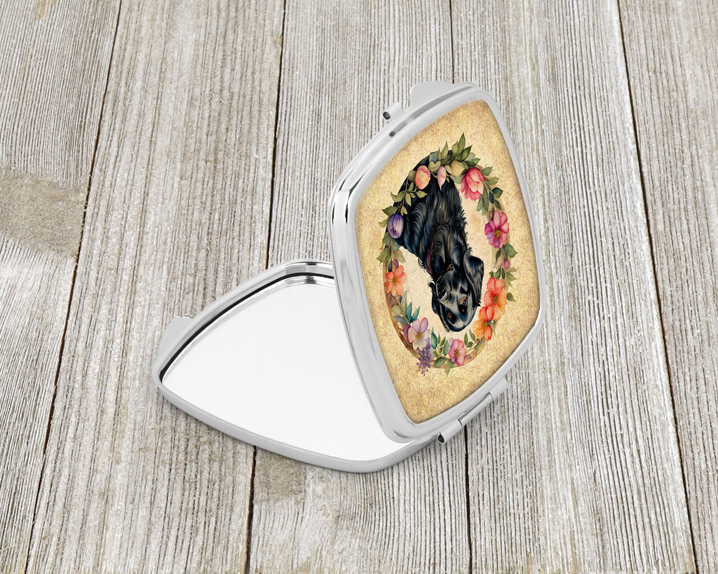 Flat-Coated Retriever and Flowers Compact Mirror Decorative Travel Makeup Mirror for Women Girls Gifts Pocket Makeup Mirror Folding Handheld