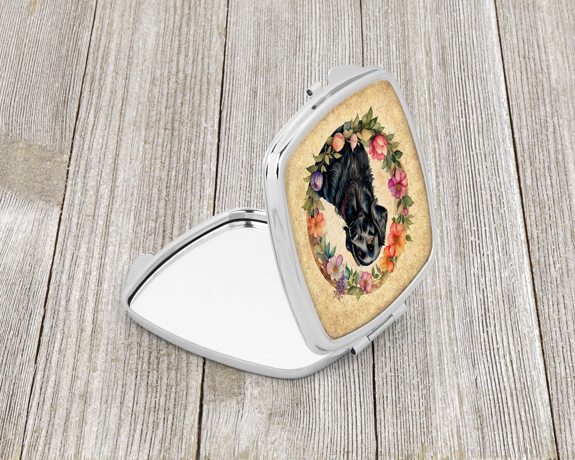 Flat-Coated Retriever and Flowers Compact Mirror Decorative Travel Makeup Mirror for Women Girls Gifts Pocket Makeup Mirror Folding Handheld