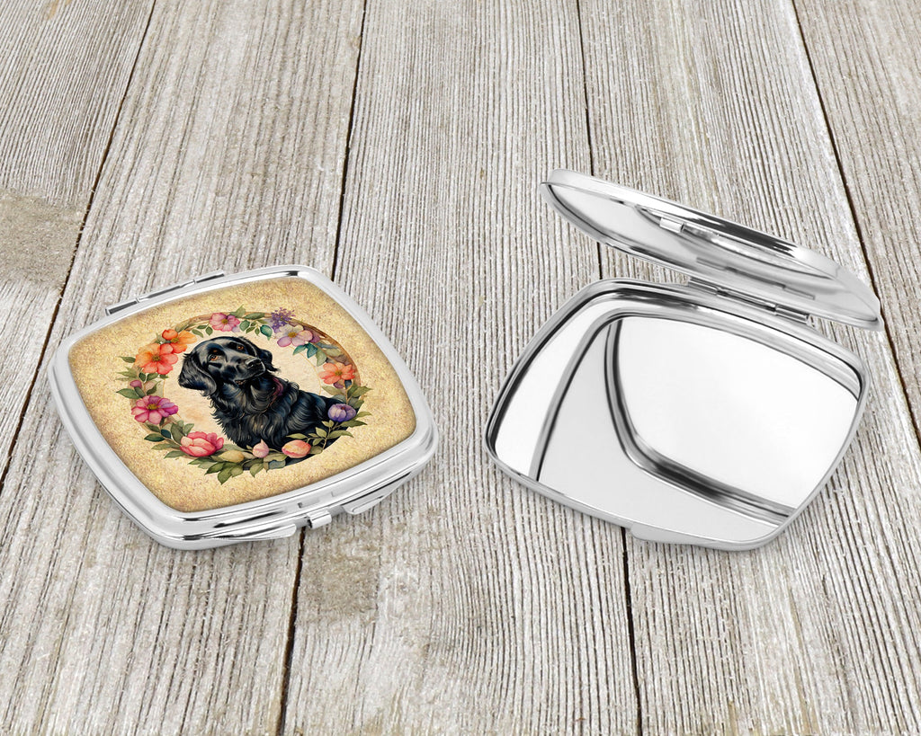 Flat-Coated Retriever and Flowers Compact Mirror Decorative Travel Makeup Mirror for Women Girls Gifts Pocket Makeup Mirror Folding Handheld