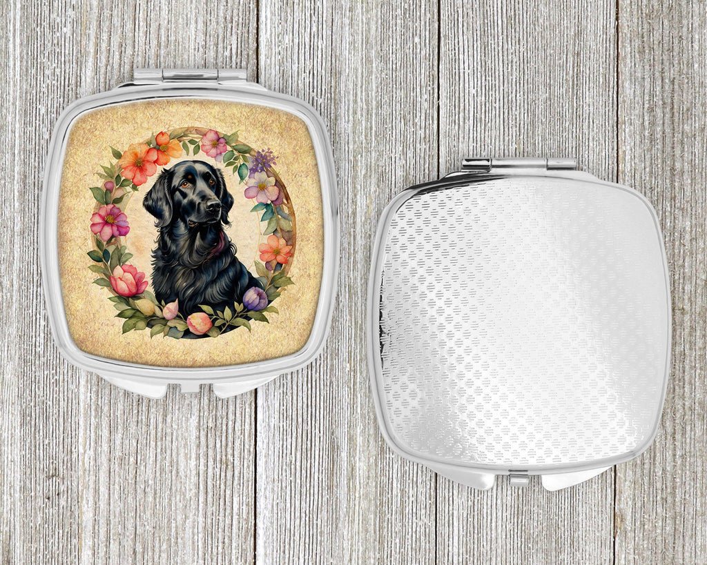 Flat-Coated Retriever and Flowers Compact Mirror Decorative Travel Makeup Mirror for Women Girls Gifts Pocket Makeup Mirror Folding Handheld
