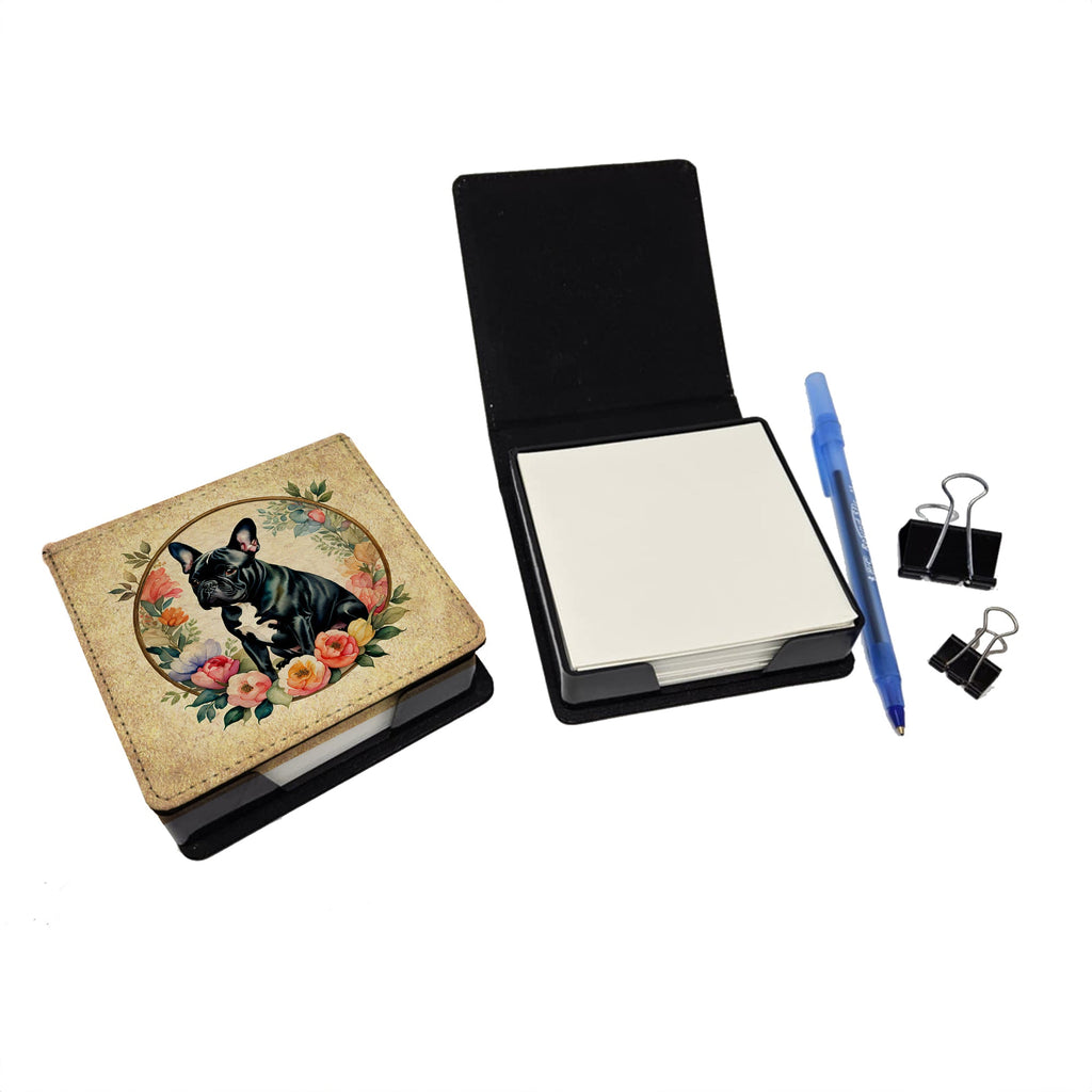 Black French Bulldog and Flowers PU Leather Note Paper Holder with Artist-Designed Cover, Desk Accessory, Office Gift