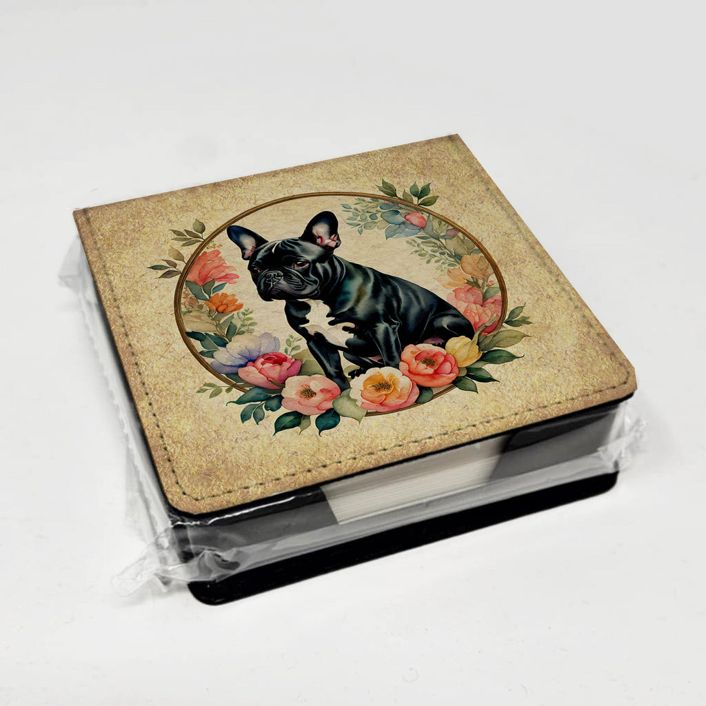 Black French Bulldog and Flowers PU Leather Note Paper Holder with Artist-Designed Cover, Desk Accessory, Office Gift