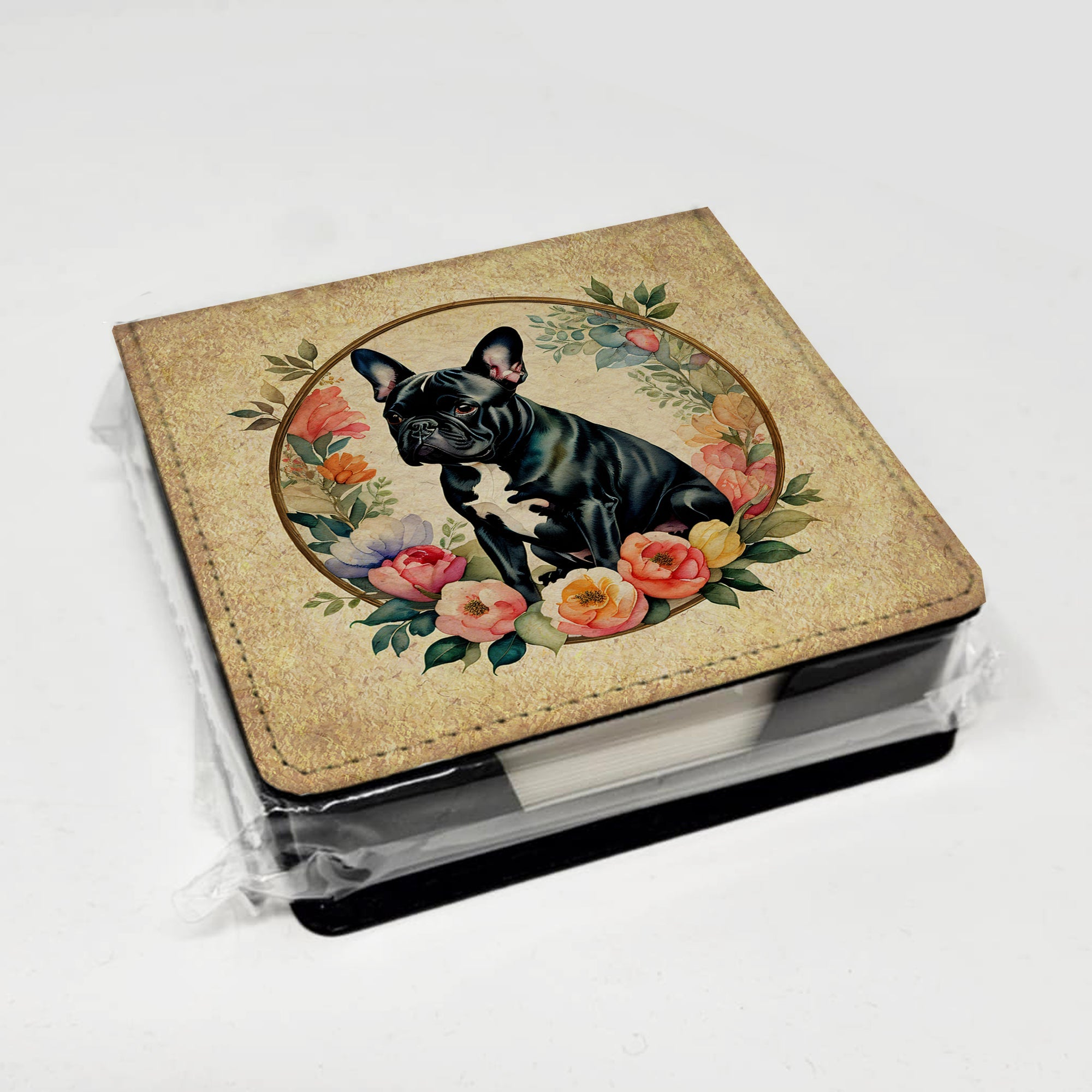 Black French Bulldog and Flowers PU Leather Note Paper Holder with Artist-Designed Cover, Desk Accessory, Office Gift