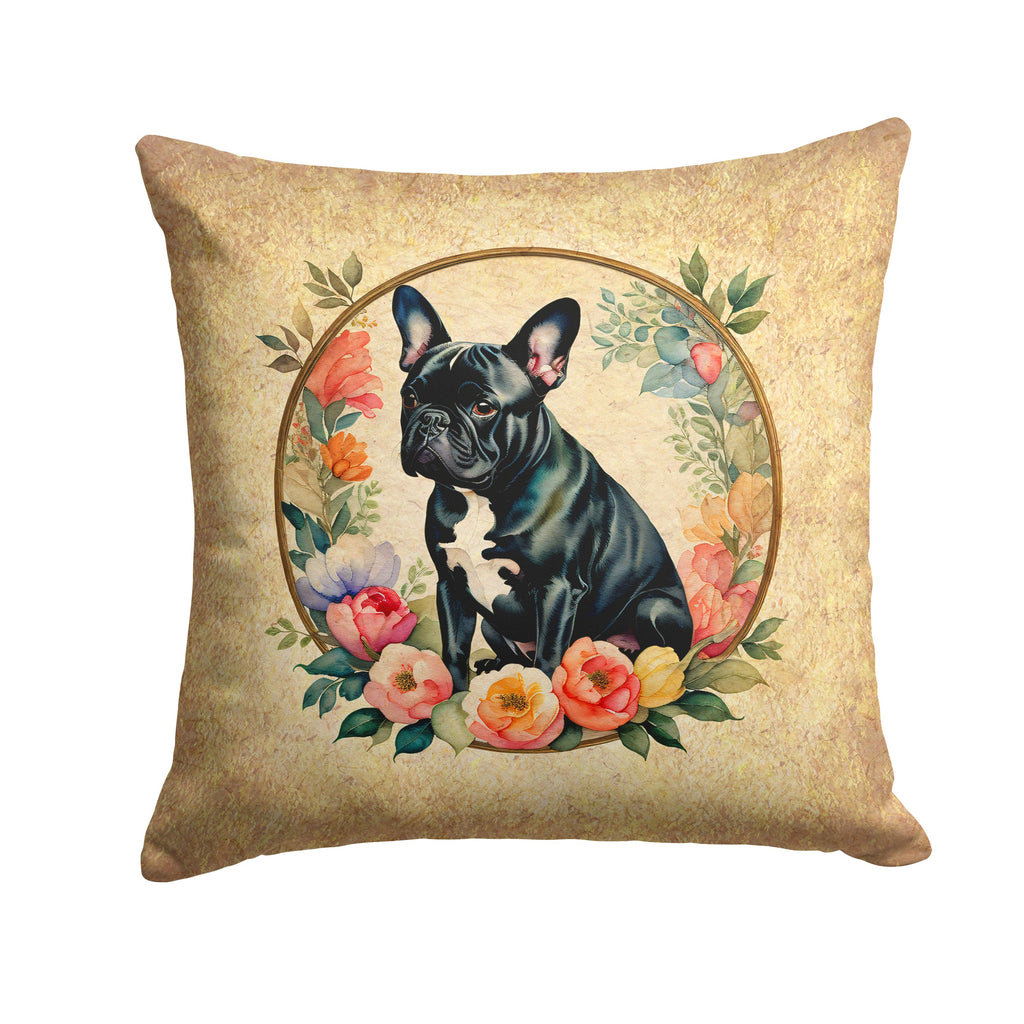 Black French Bulldog and Flowers Decorative Throw Pillow 14x14 Indoor Outdoor Accent Cushion, Fabric Cover with Insert for Sofa, Bed, Porch & Living Room