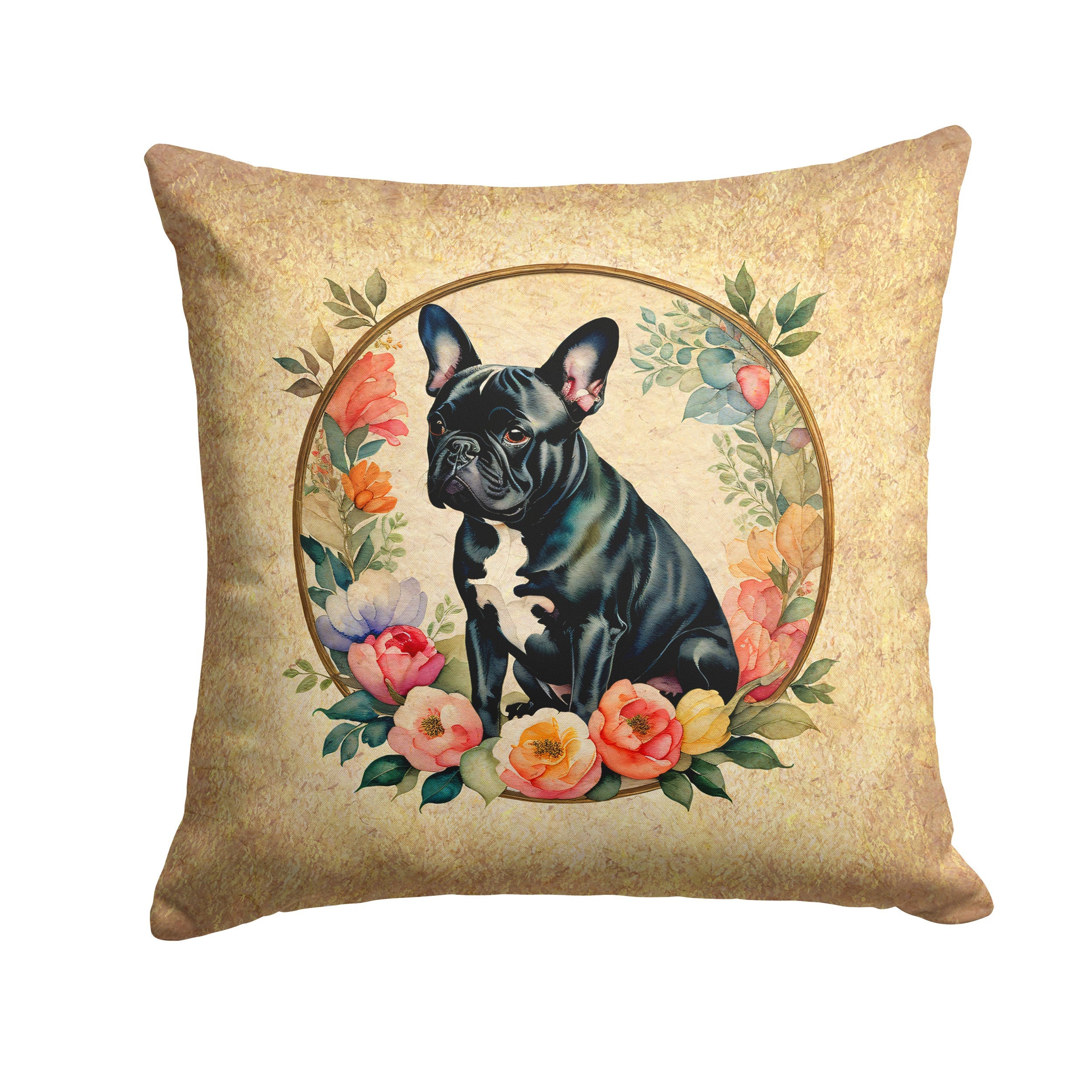 Black French Bulldog and Flowers Decorative Throw Pillow 14x14 Indoor Outdoor Accent Cushion, Fabric Cover with Insert for Sofa, Bed, Porch & Living Room