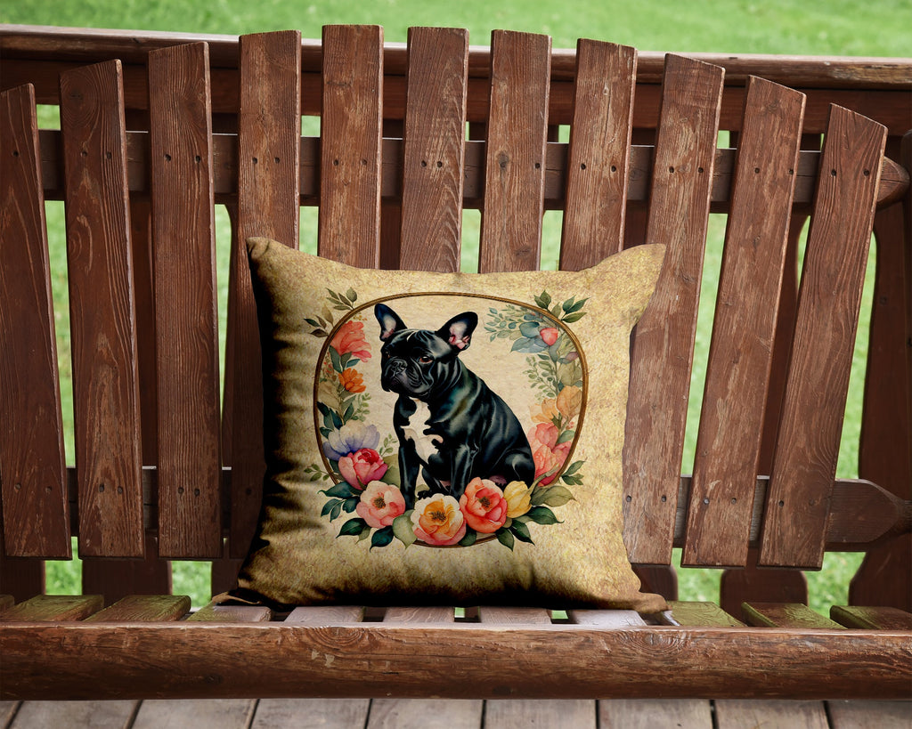 Black French Bulldog and Flowers Decorative Throw Pillow 14x14 Indoor Outdoor Accent Cushion, Fabric Cover with Insert for Sofa, Bed, Porch & Living Room