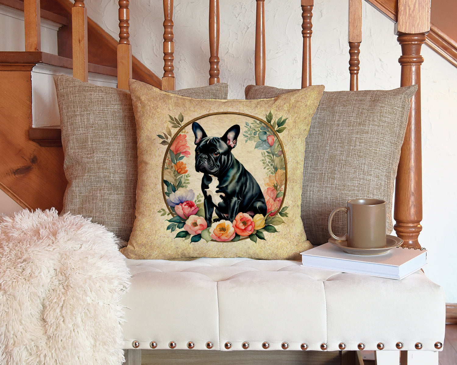 Black French Bulldog and Flowers Decorative Throw Pillow 14x14 Indoor Outdoor Accent Cushion, Fabric Cover with Insert for Sofa, Bed, Porch & Living Room