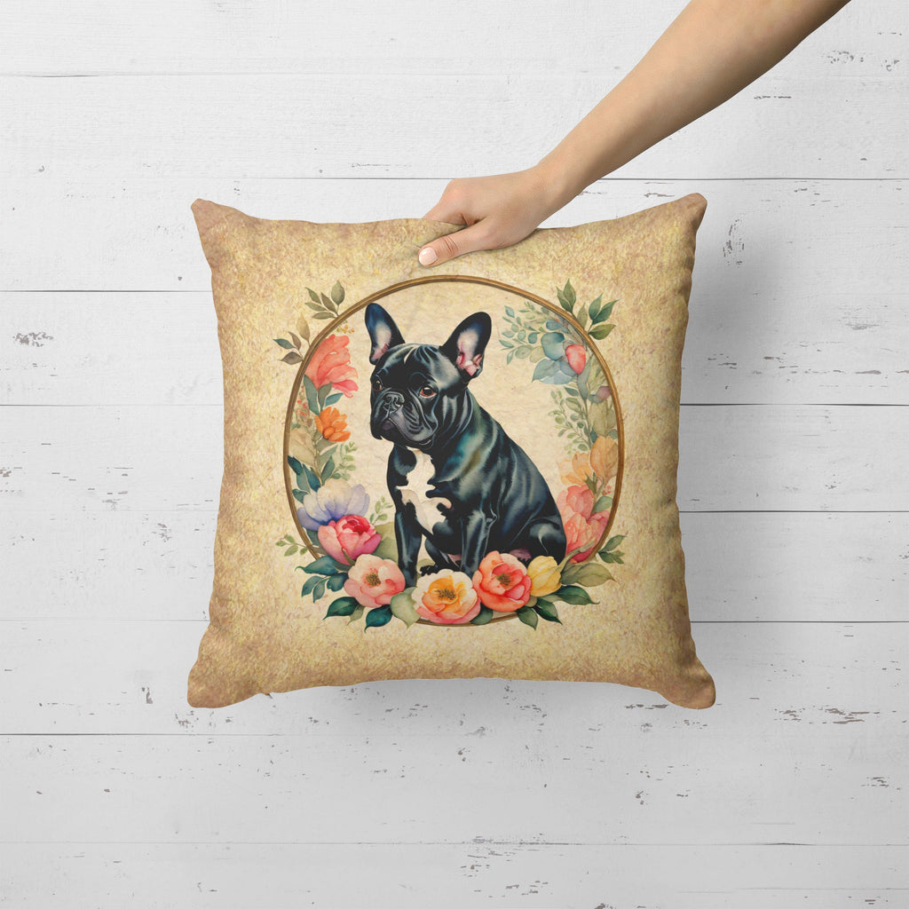 Black French Bulldog and Flowers Decorative Throw Pillow 18x18 Indoor Outdoor Accent Cushion, Fabric Cover with Insert for Sofa, Bed, Porch & Living Room