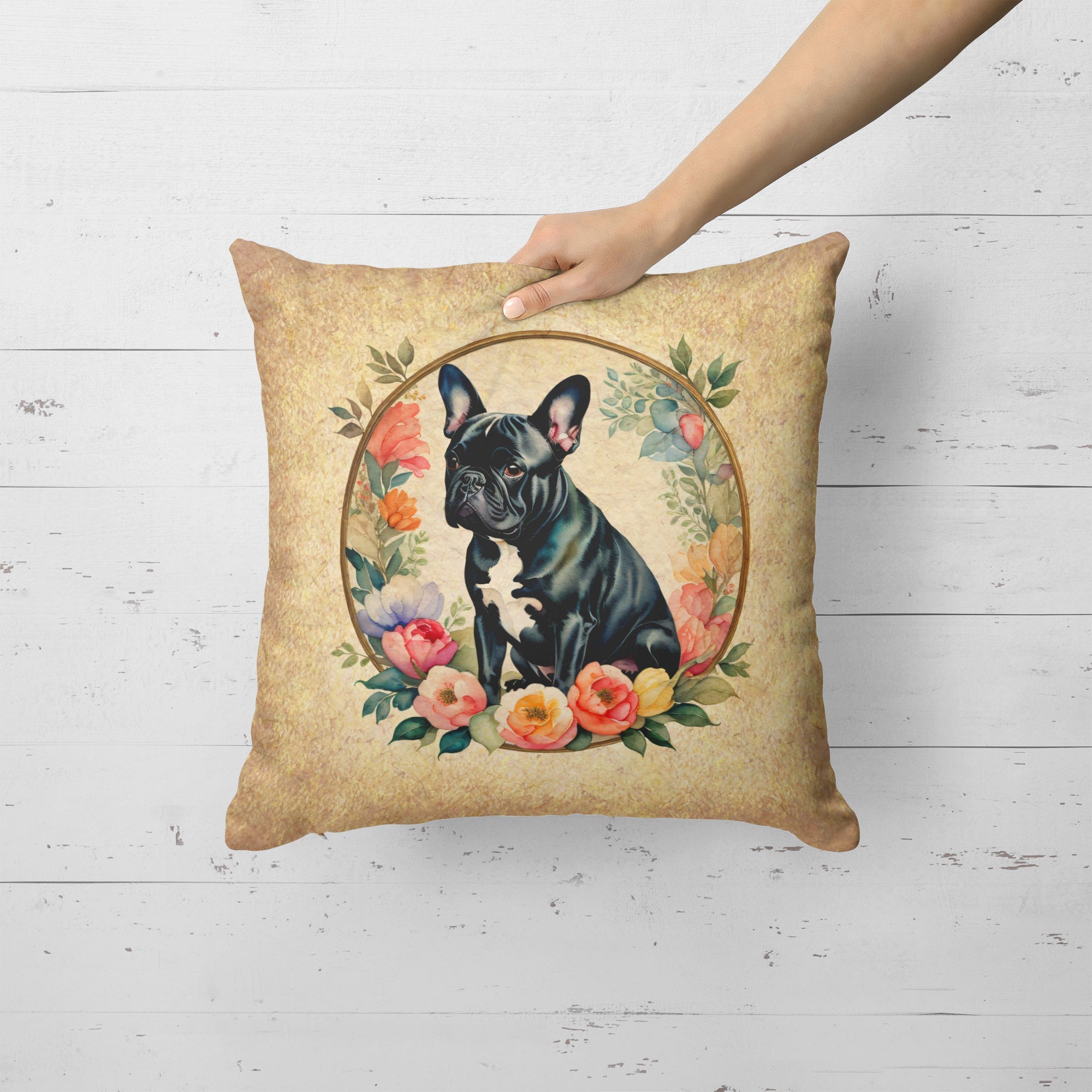 Black French Bulldog and Flowers Decorative Throw Pillow 18x18 Indoor Outdoor Accent Cushion, Fabric Cover with Insert for Sofa, Bed, Porch & Living Room