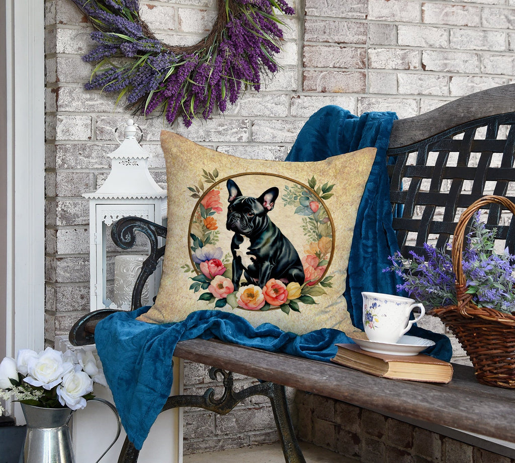 Black French Bulldog and Flowers Decorative Throw Pillow 18x18 Indoor Outdoor Accent Cushion, Fabric Cover with Insert for Sofa, Bed, Porch & Living Room
