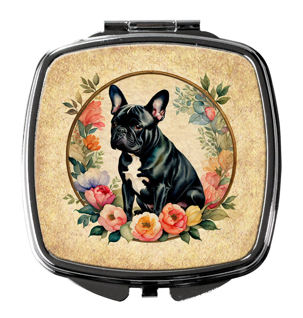 Black French Bulldog and Flowers Compact Mirror Decorative Travel Makeup Mirror for Women Girls Gifts Pocket Makeup Mirror Folding Handheld
