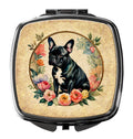 Black French Bulldog and Flowers Compact Mirror Decorative Travel Makeup Mirror for Women Girls Gifts Pocket Makeup Mirror Folding Handheld