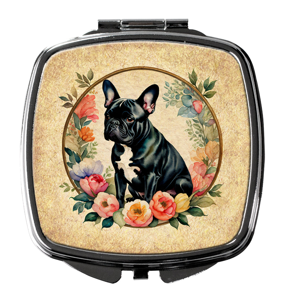 Black French Bulldog and Flowers Compact Mirror Decorative Travel Makeup Mirror for Women Girls Gifts Pocket Makeup Mirror Folding Handheld