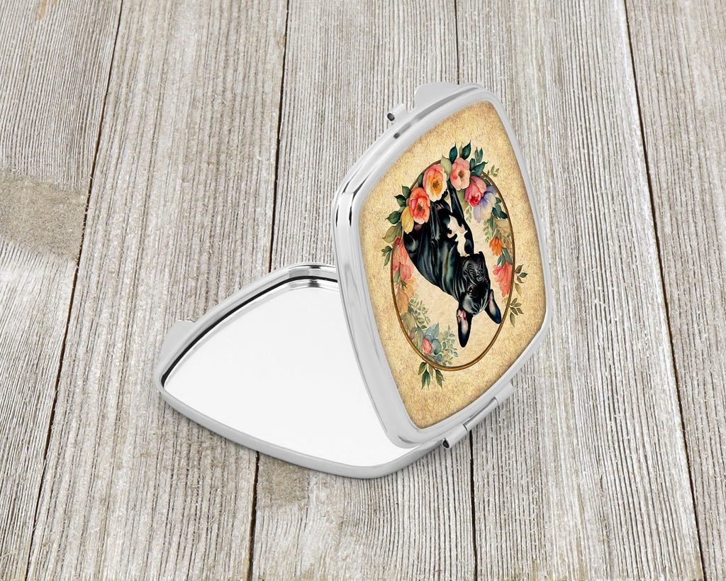 Black French Bulldog and Flowers Compact Mirror Decorative Travel Makeup Mirror for Women Girls Gifts Pocket Makeup Mirror Folding Handheld